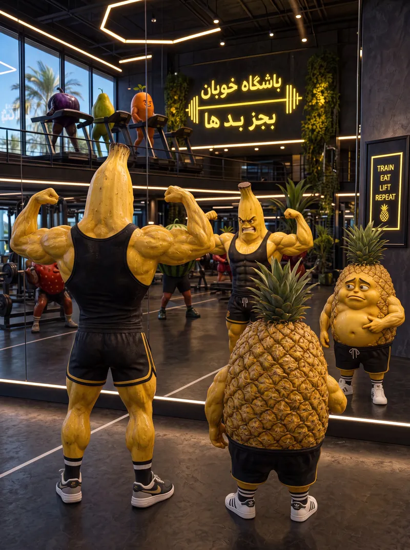 Following their workout, the brawny banana man and the pinea…