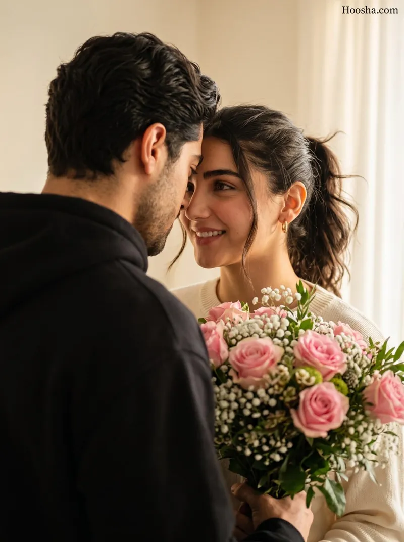 یک فریم عاشقانه سینمایی با رنگ‌های گرم و حس نوستالژیک، با اس…