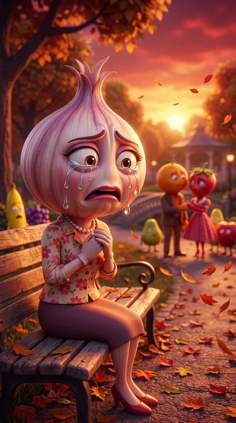 A lone figure, an onion woman, is depicted on a park bench a…