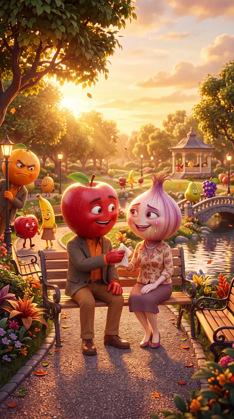 A compassionate apple-headed figure is seated next to an oni…